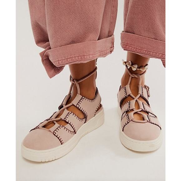 FREE PEOPLE Thirty Love Cut Away Sneakers Pink White Sz 9 Adjustable Lace Up - Picture 11 of 11